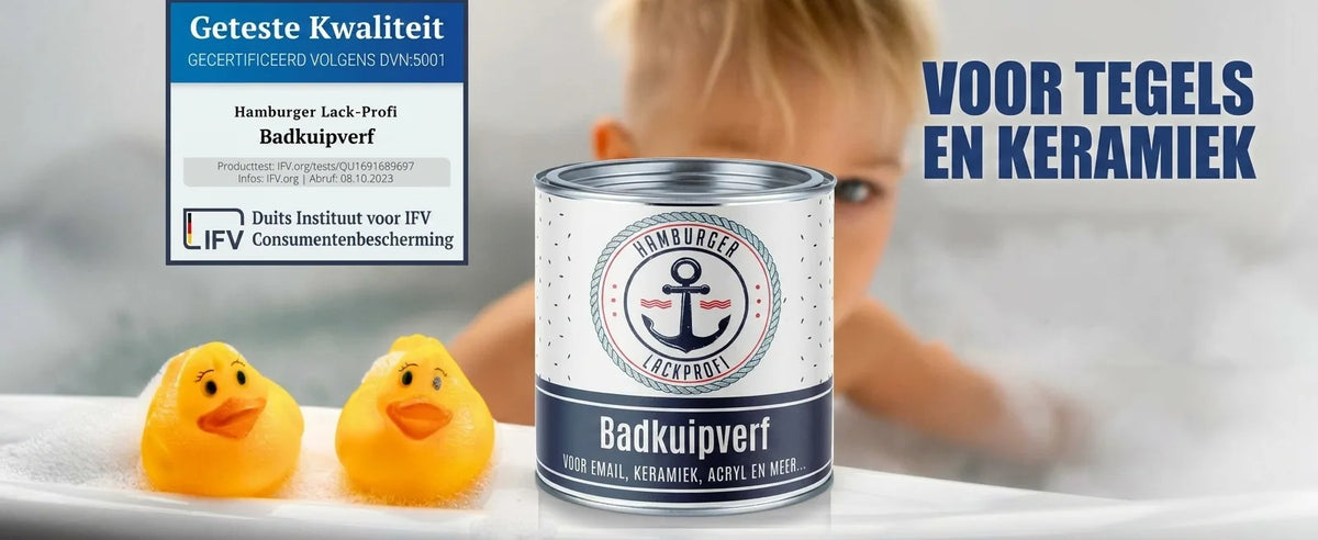 Hamburger Lack-Profi badkuipverf. Voor emaill, tegels, keramiek. Gecertificeerde kwaliteit, baby in bad.