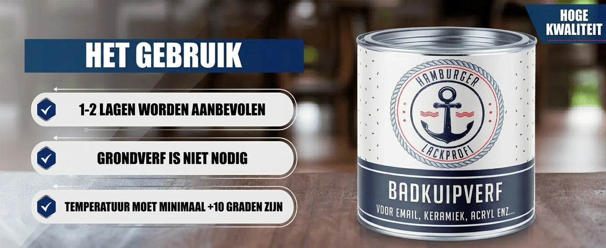 Blik badkuipverf van Hamburger Lackprofi met gebruiksaanwijzing: 1-2 lagen, geen grondverf, >10°C.