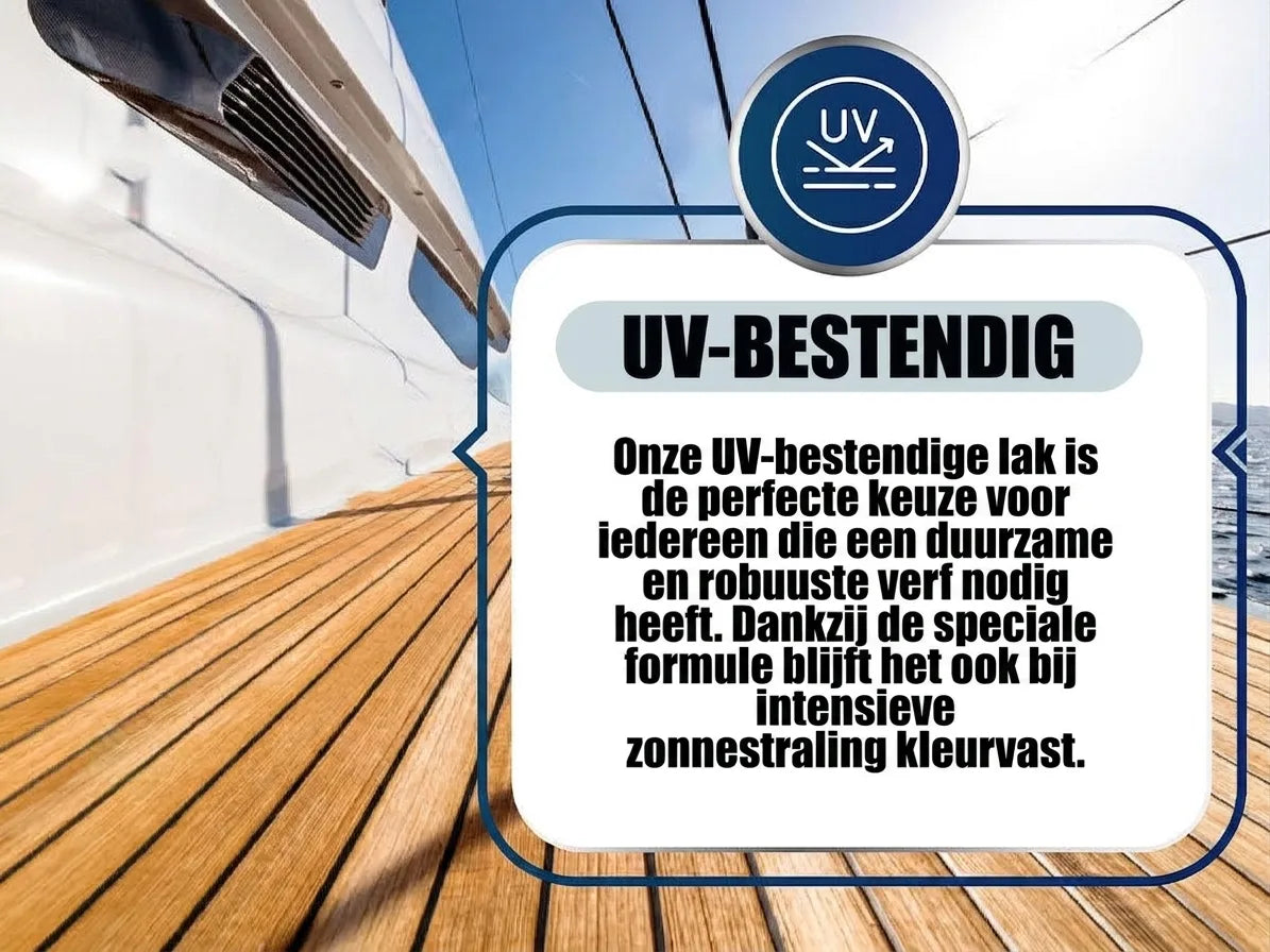Witte boot met houten dek en tekst over UV-bestendige lak, ideaal voor duurzame verf op jachten en buiten.