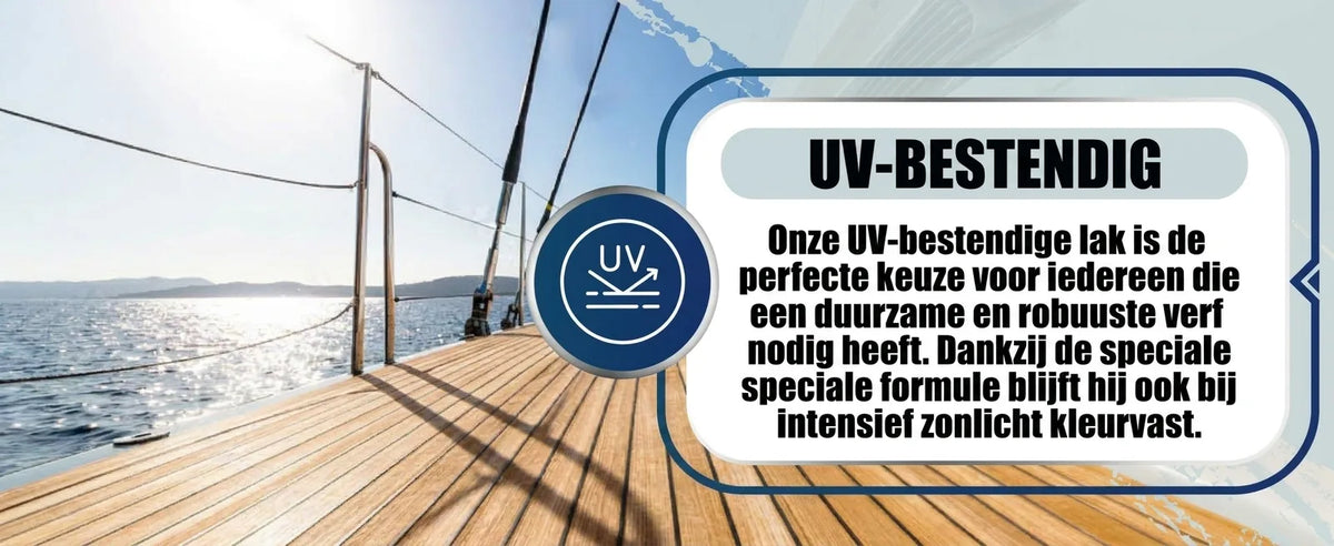 Robuuste UV-bestendige lak op een bootdek, blijft duurzaam en kleurvast bij intense zon.