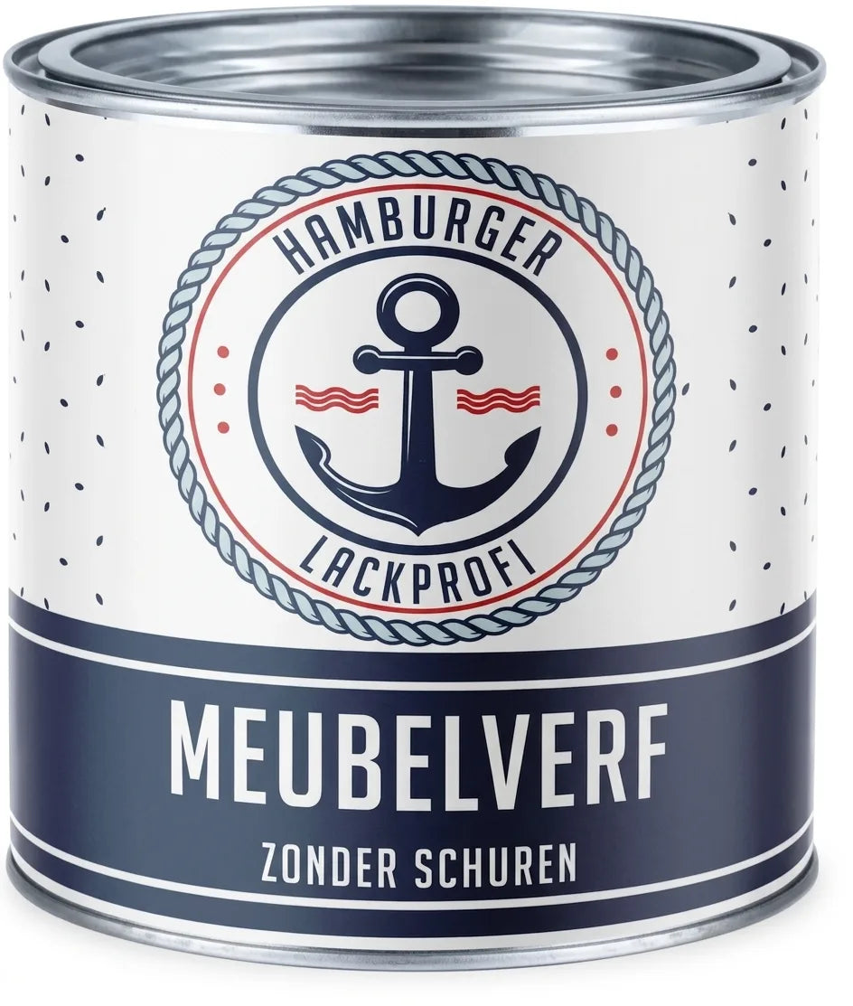 Blik marineblauwe en witte Hamburger Lackprofi meubelverf met ankerlogo. Meubelverf zonder schuren.