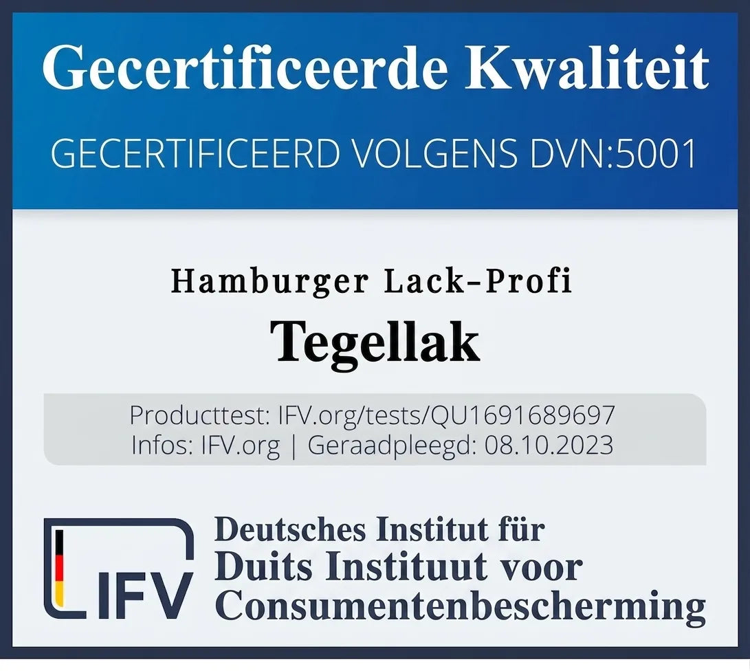 Keurmerk Hamburger Lack-Profi Tegellak: Geteste kwaliteit, gecertificeerd door Duits Instituut voor Consumentenbescherming.