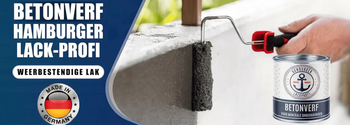 Persoon schildert betonnen muur met donkergrijze weervaste betonverf van Hamburger Lack-Profi, Made in Germany.