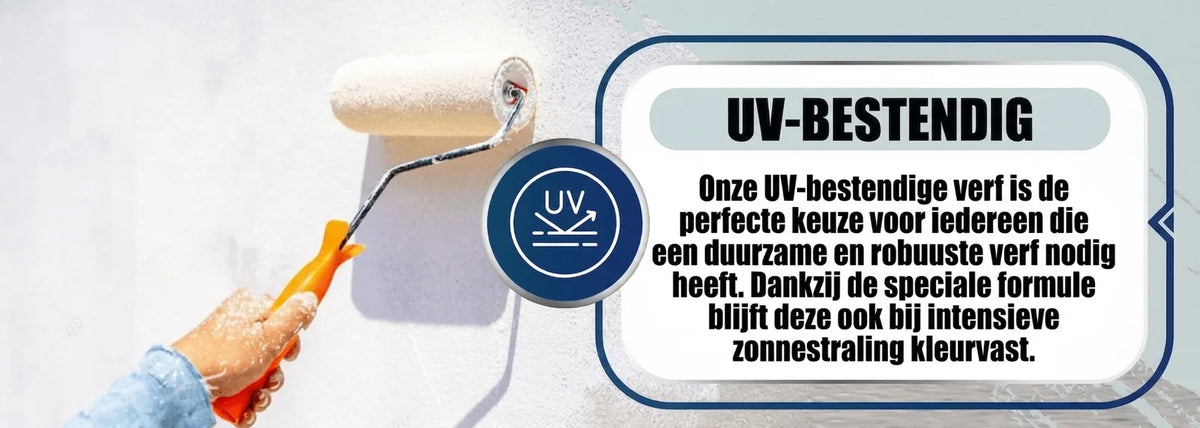 Hand schildert muur met witte verf; tekst over UV-bestendige verf die langdurig kleurecht blijft.