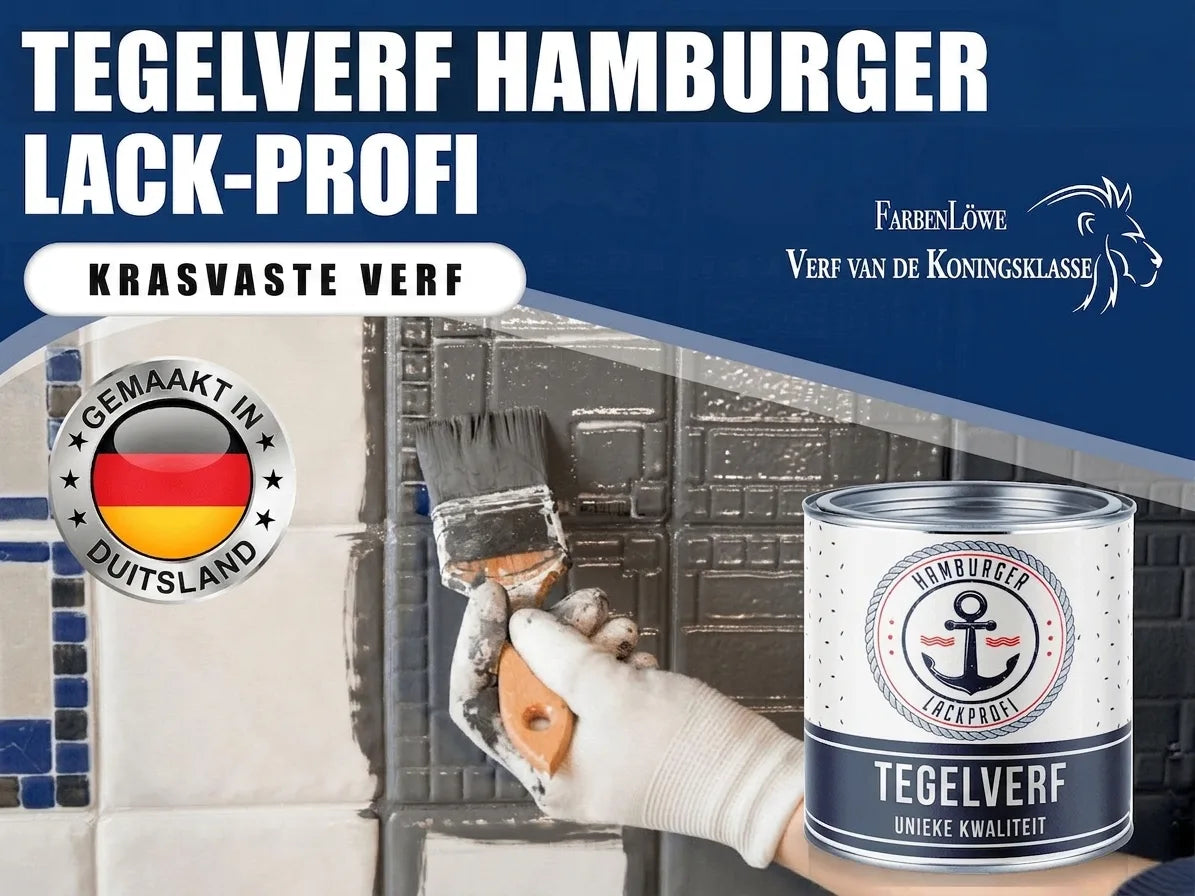 Hamburger Lack-Profi tegellak, krasvaste verf voor tegels, Made in Germany. Een persoon schildert tegels.