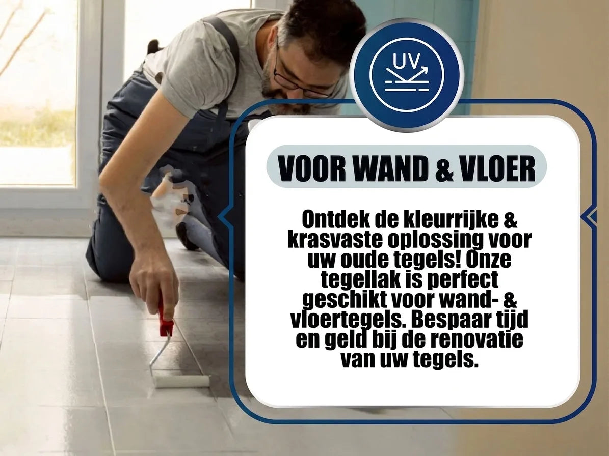 UV-bestendige tegellak voor wand- en vloertegels. Kleurrijk, krasvast. Man schildert eenvoudig tegels.