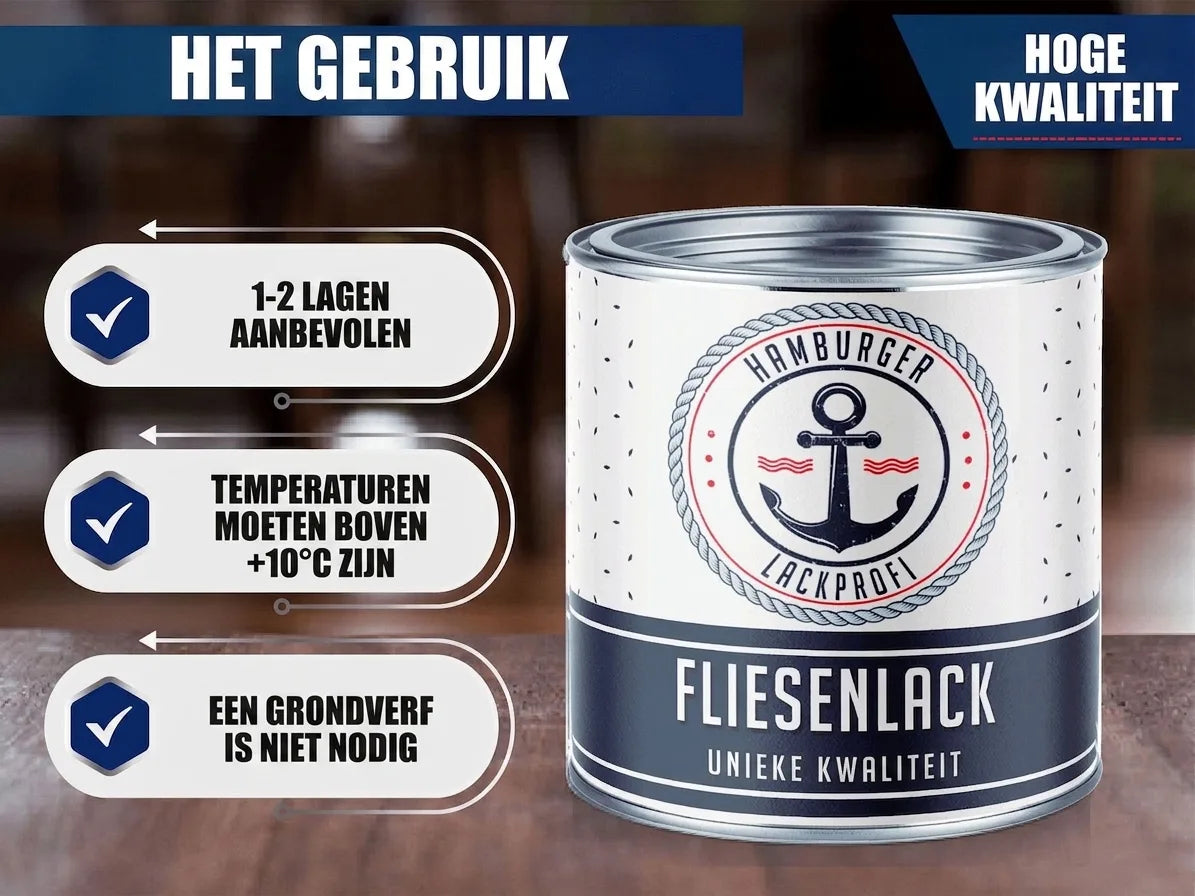 Hamburger Lackprofi tegellak blik met gebruiksaanwijzing: 1-2 lagen, +10°C, geen primer. Hoge kwaliteit.