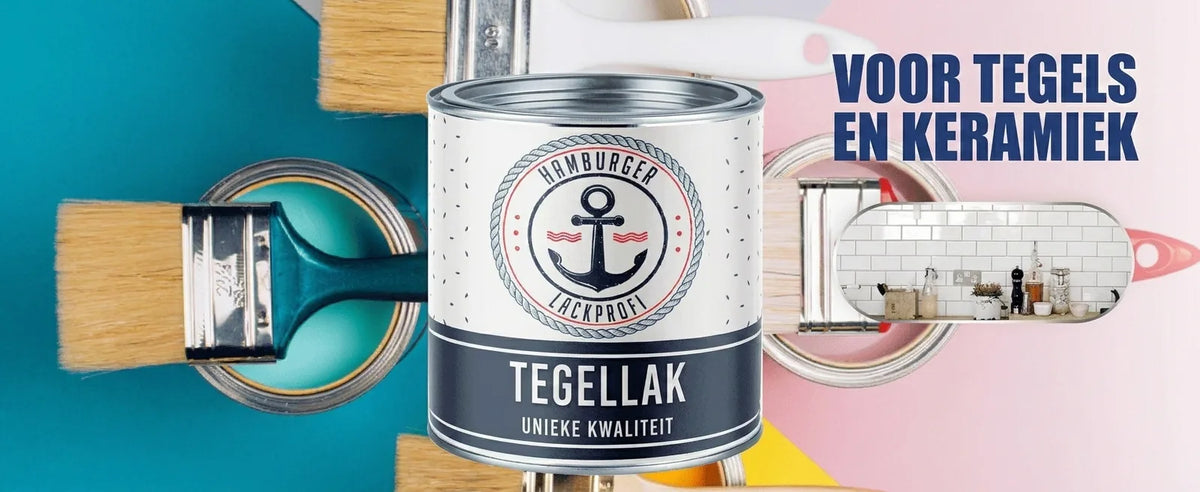 Verfblik tegellak Hamburger Lackprofi, kwasten, en tegelwanden. Voor het schilderen van tegels en keramiek.