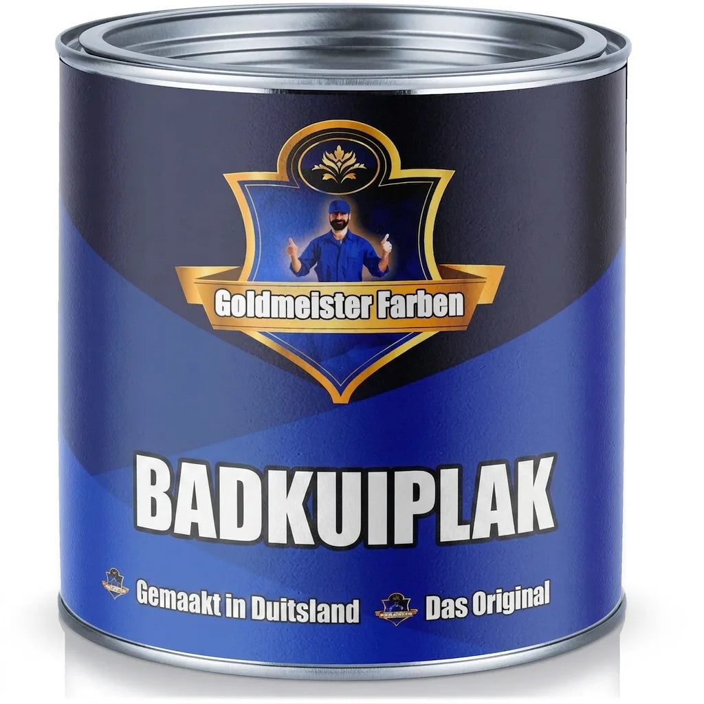 Blauw verfblik met Goldmeister Farben Badewannenlack (badkuipverf), en logo van een man met duimen omhoog.