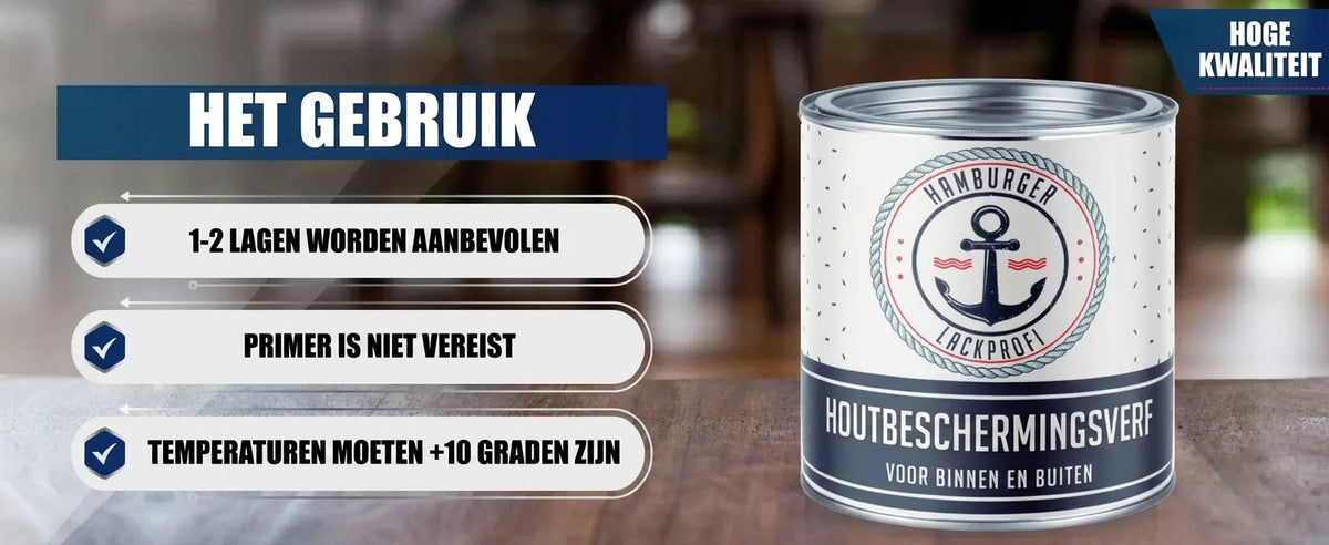 Blik Hamburger Lackprofi houtverf met gebruikstips: 1-2 lagen, geen primer, +10°C. Voor binnen en buiten.