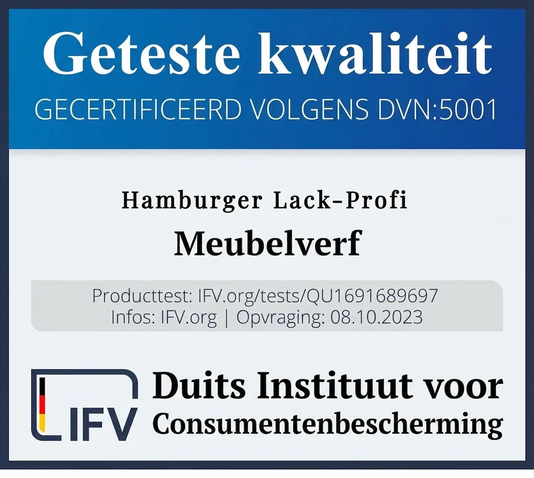 Kwaliteitskeurmerk voor Hamburger Lack-Profi meubelverf, getest en gecertificeerd door het Duitse IFV.