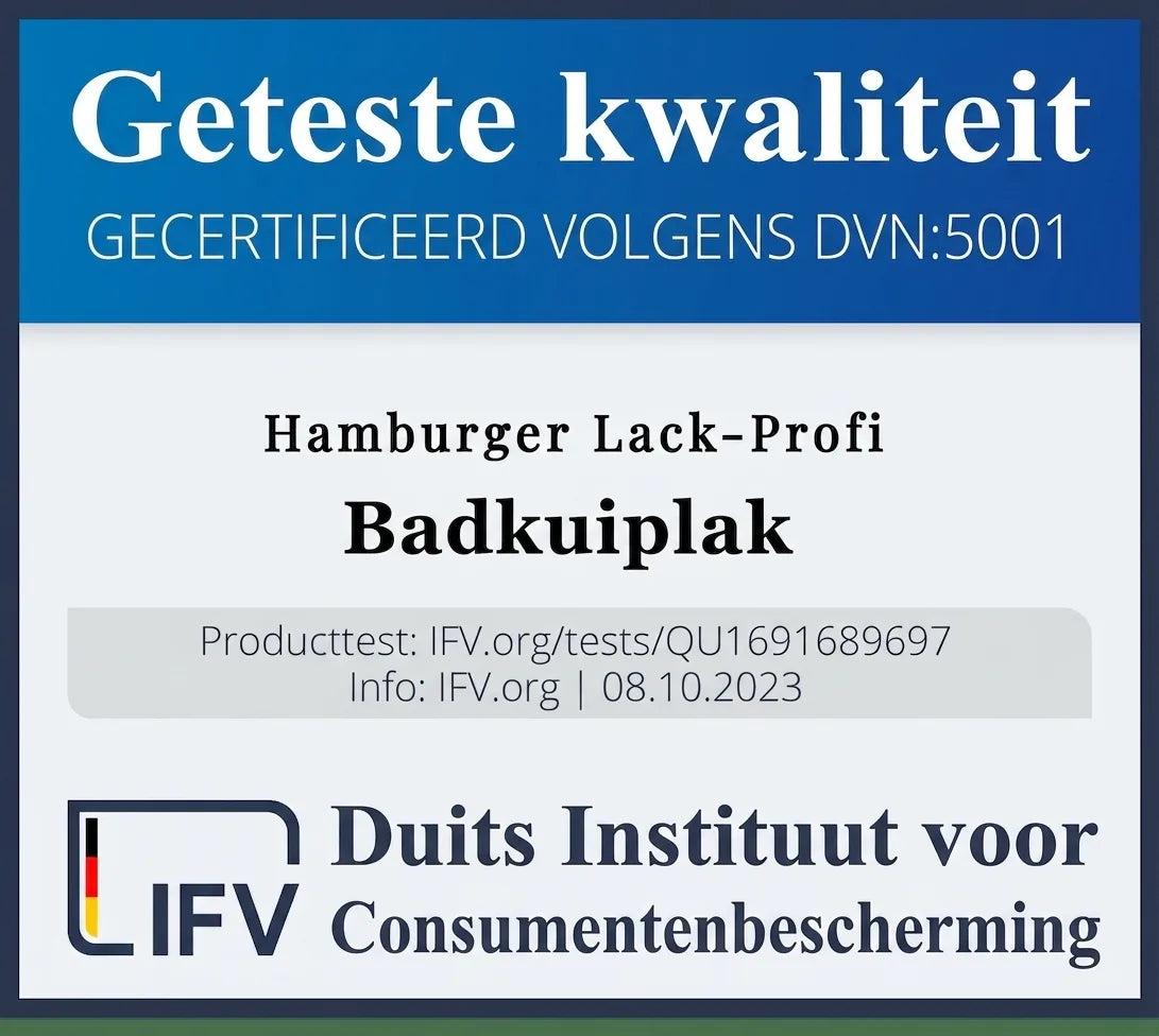 Getest kwaliteitskeurmerk voor Hamburger Lack-Profi badkuipverf, gecertificeerd door IFV Verbraucherschutz.