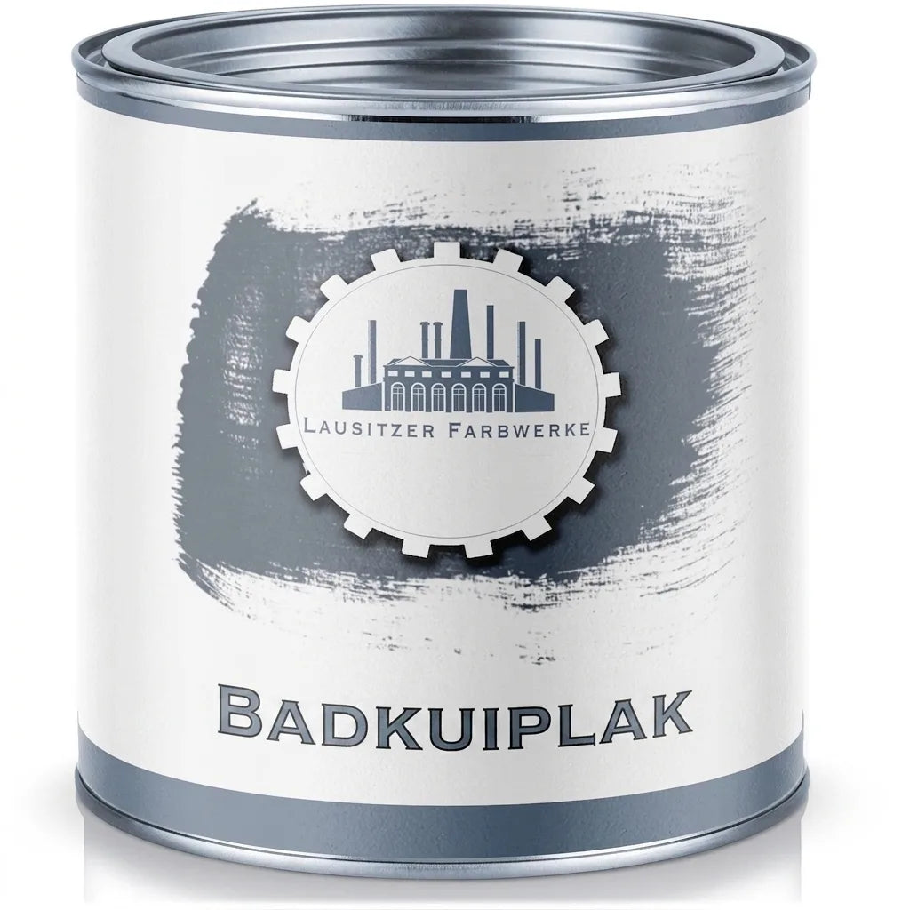 Verfblik 'Lausitzer Farbwerke Badewannenlack'. Grijze verf voor badkuipen, prominent logo en productnaam.