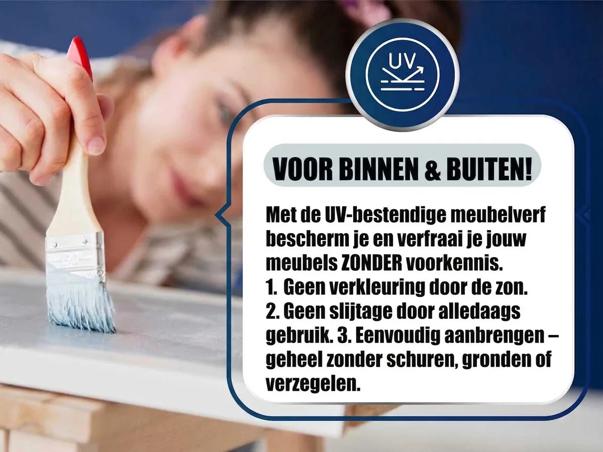 Vrouw schildert meubel met UV-bestendige verf voor binnen en buiten. Eenvoudig aan te brengen zonder schuren of gronden.