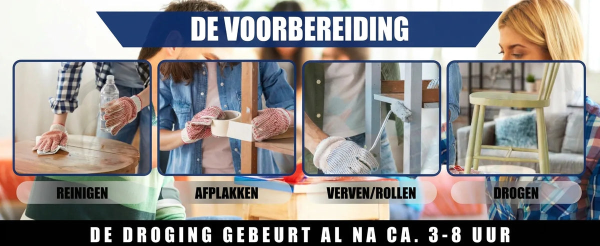 Stappenplan meubels verven: reinigen, afplakken, verven, drogen. Instructies en droogtijd 3-8 uur.