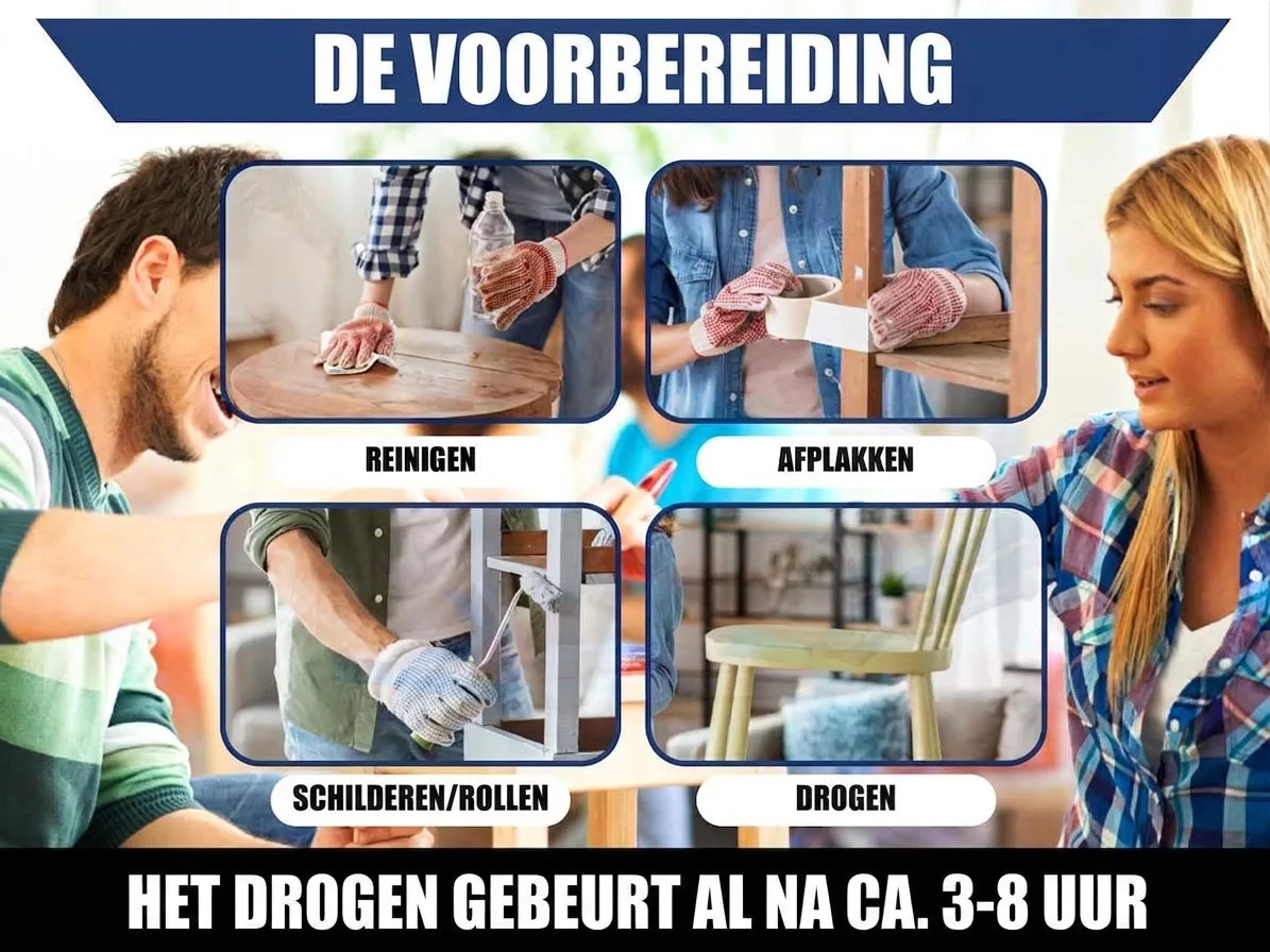 Illustratie van de voorbereiding en het schilderen van meubels in 4 stappen: reinigen, afplakken, verven en drogen.