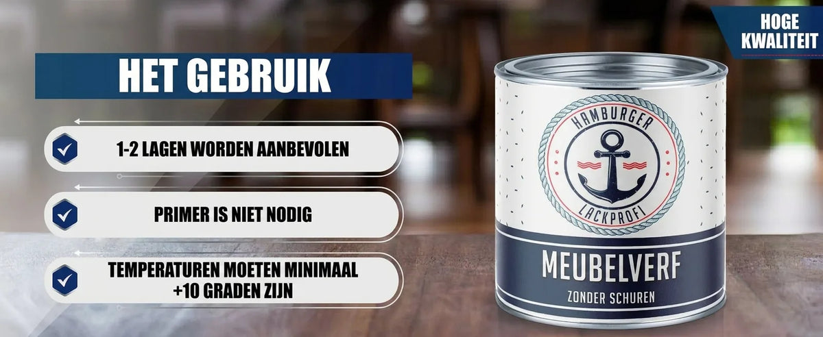Blik Hamburger Lackprofi meubelverf met applicatietips: 1-2 lagen, geen grondverf, >10°C, hoge kwaliteit, zonder schuren.