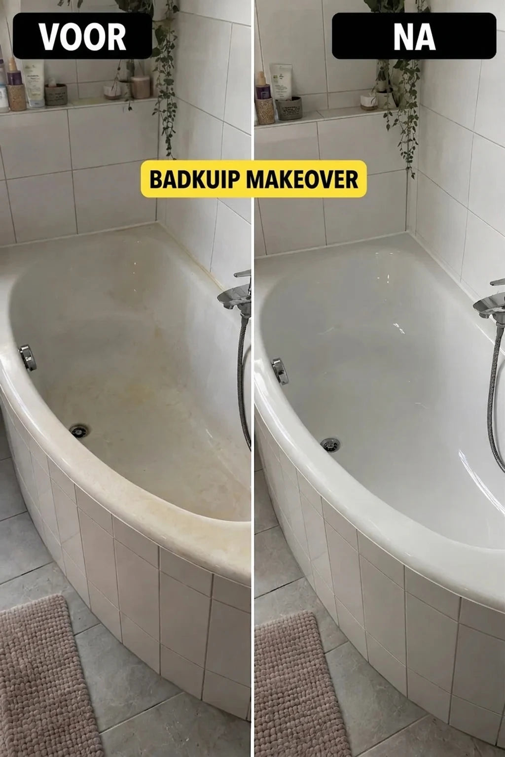 VOOR en NA: Metamorfose van een oude, vergeelde badkuip naar een schone, glanzende witte. Badkamerrenovatie.