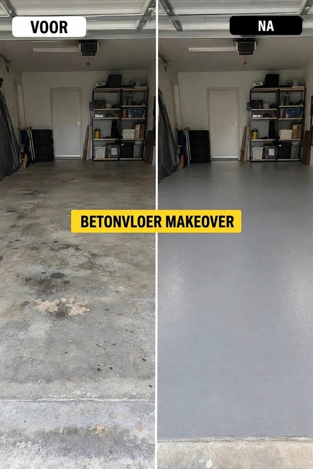 Voor en na renovatie van een betonnen garagevloer, van vuil en bevlekt naar schoon en grijs.