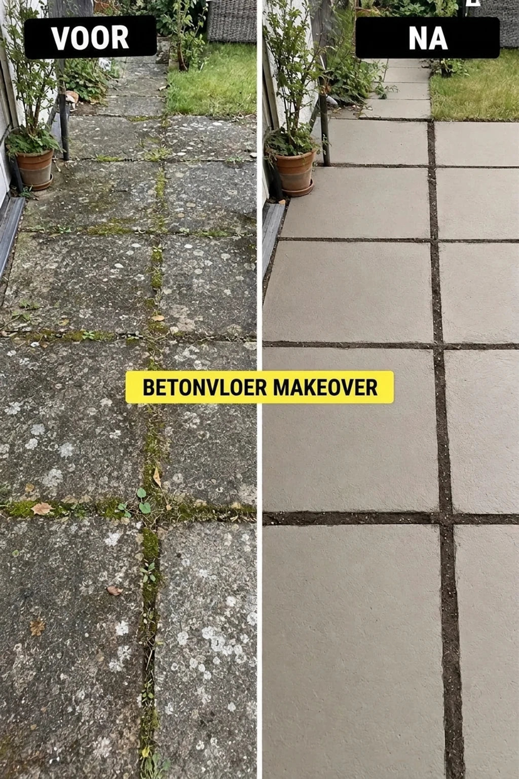 Voor en na: vuil, overwoekerd betonnen trottoir (voor) en schoon, gerenoveerd betonnen trottoir (na). Metamorfose van een betonnen ondergrond.