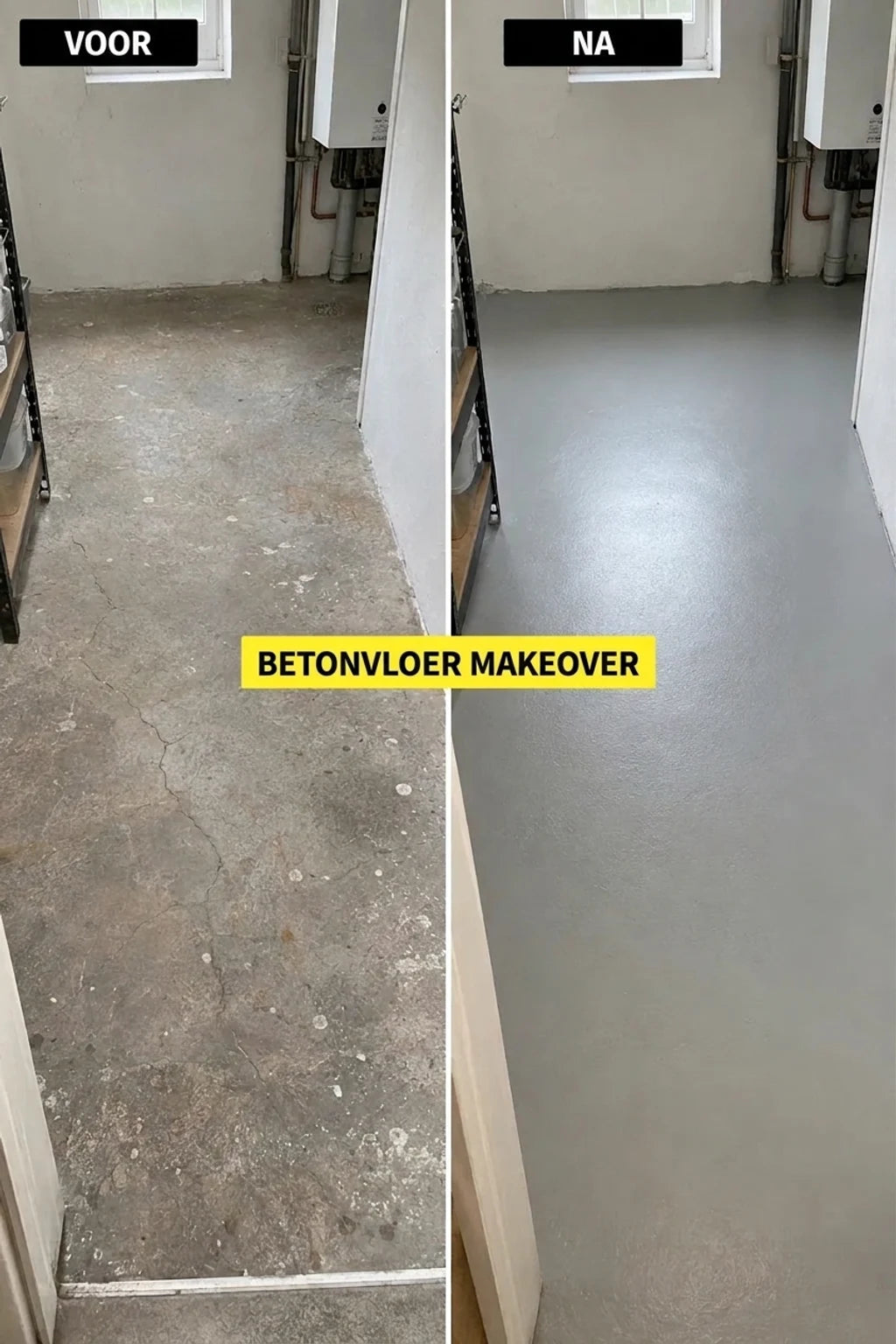 Voor en na renovatie van een betonvloer, met een vuile en gebarsten vloer voor en een gladde, grijze na.