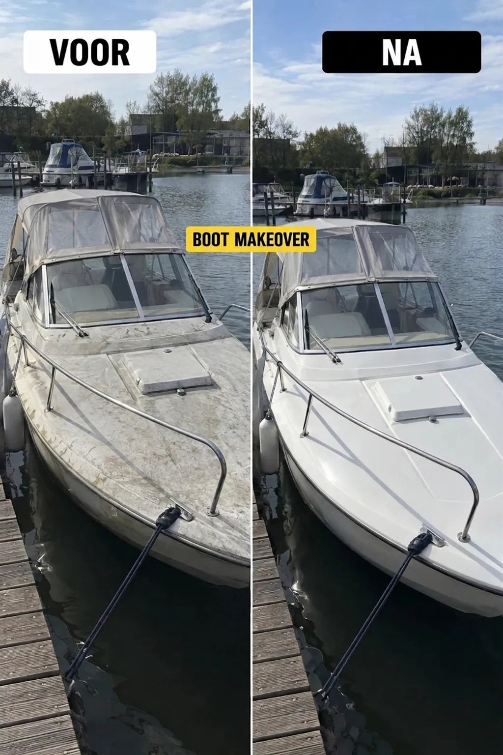 VOOR en NA: Renovatie van een boot. Vuile boot aan de kade verandert in een schone en glanzende, weerkaatst de zon.