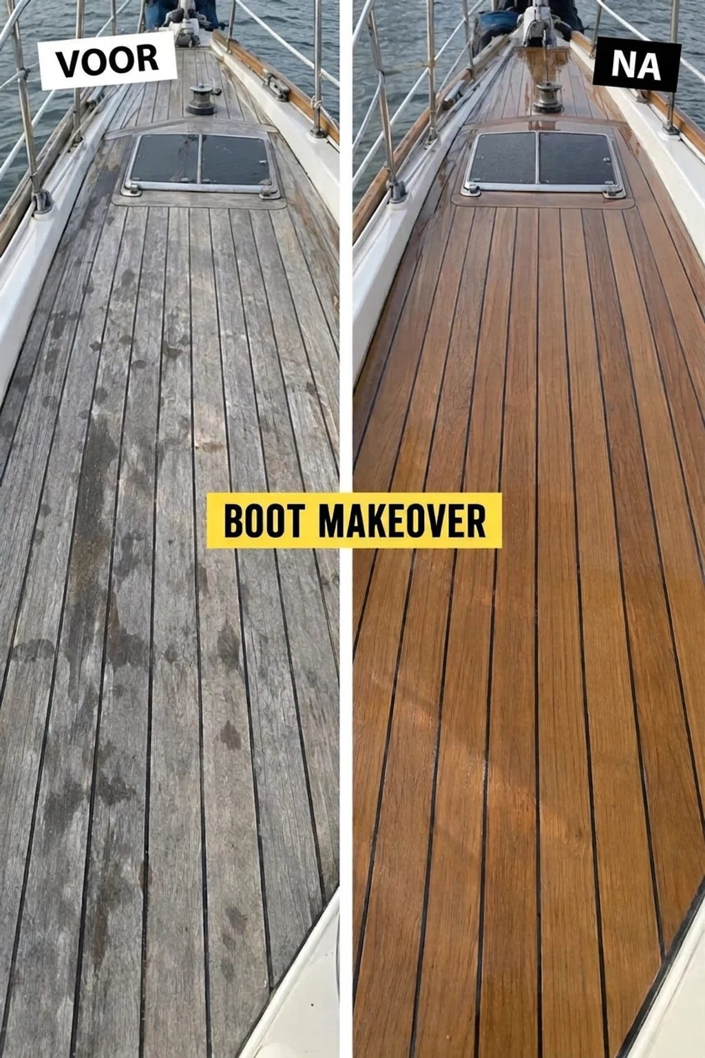 Vergelijkingsfoto: scheepsdek voor (grijs, beschadigd) en na (bruin, opgefrist teak) renovatie.