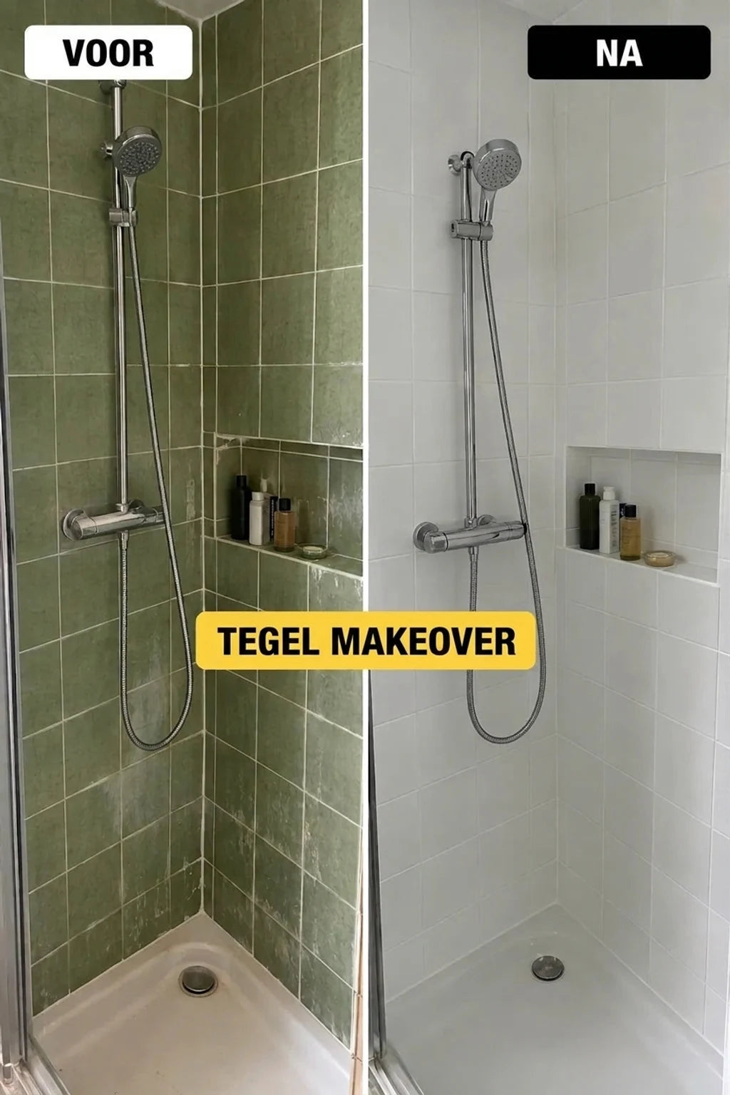 Voor en na metamorfose van tegels in de douche: oude groene tegels vervangen door nieuwe, witte.