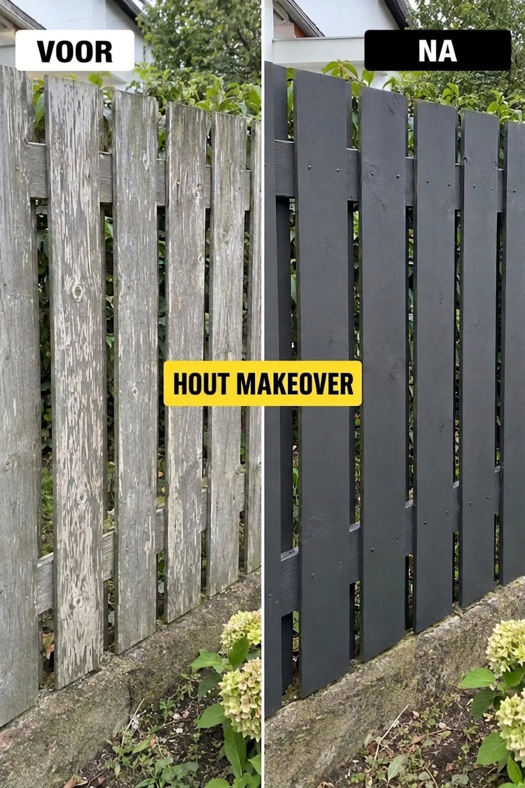 Houten schutting: voor renovatie (grijs, vervaagd) en na het schilderen (donkergrijs, gerenoveerd).