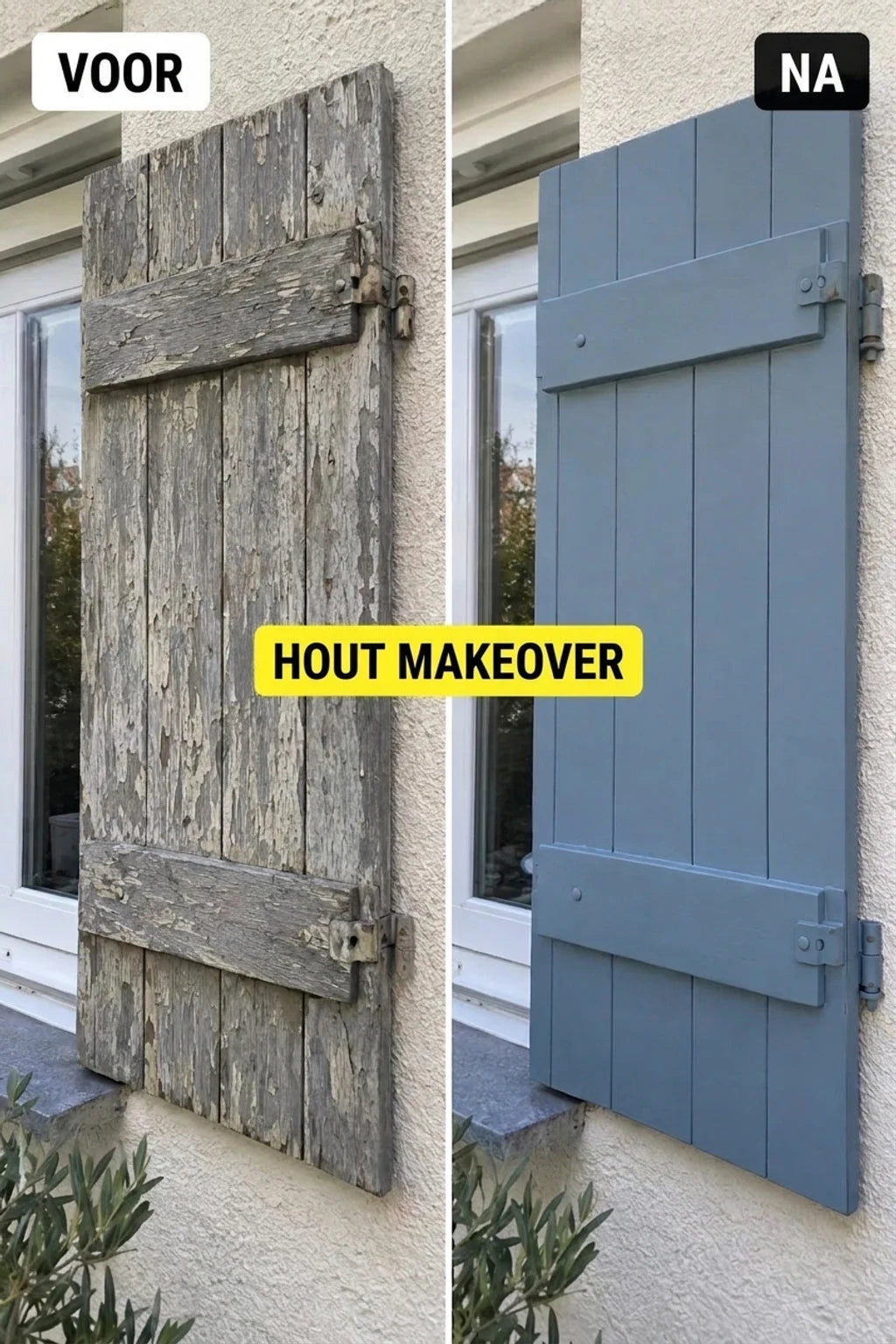 Foto voor en na: beschadigde houten luik voor metamorfose, naast een nieuw, grijsblauw luik.