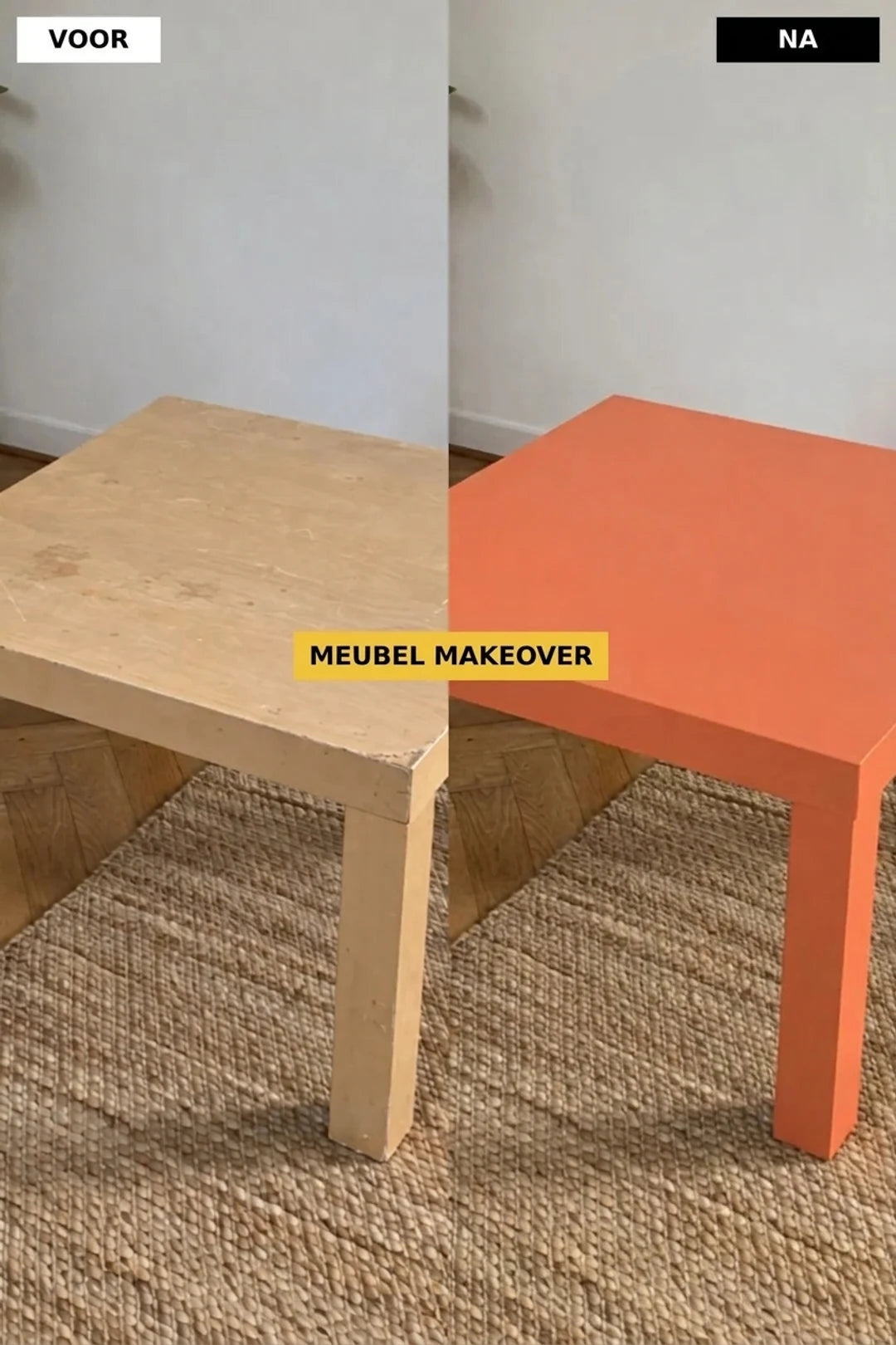 Voor en na renovatie: beschadigde lichte houten tafel veranderd in een moderne, oranje tafel.