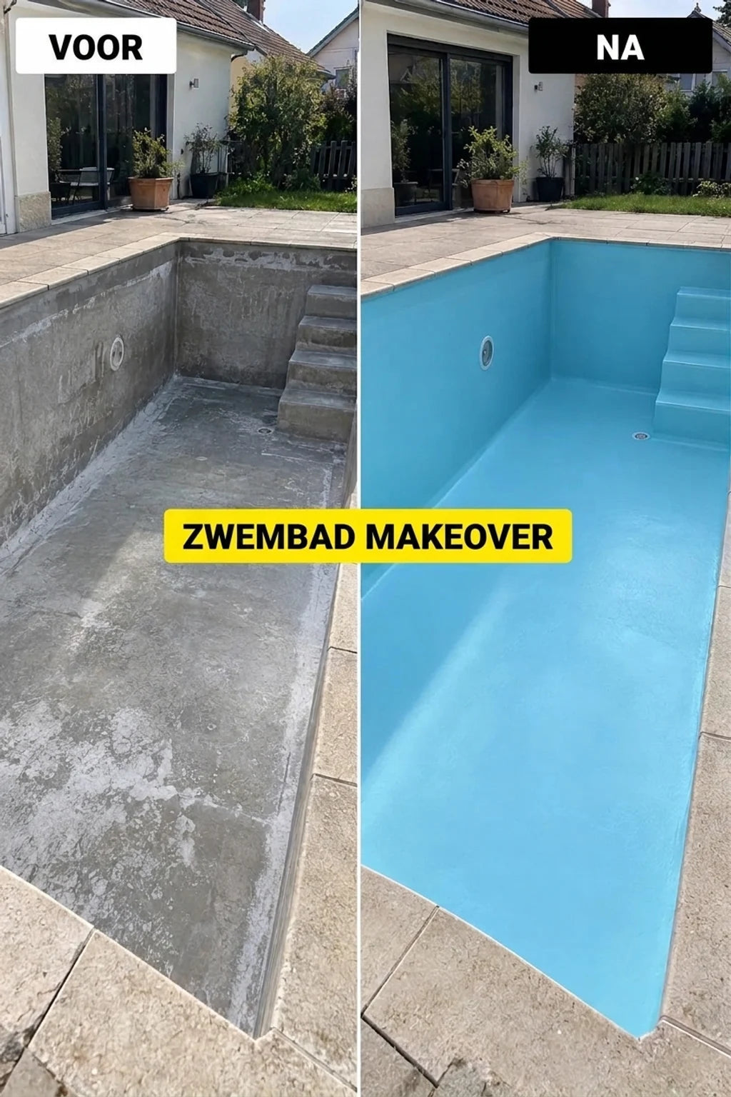 Foto voor en na. Links oud, vuil betonnen zwembad, rechts gerenoveerd zwembad in lichtblauw.