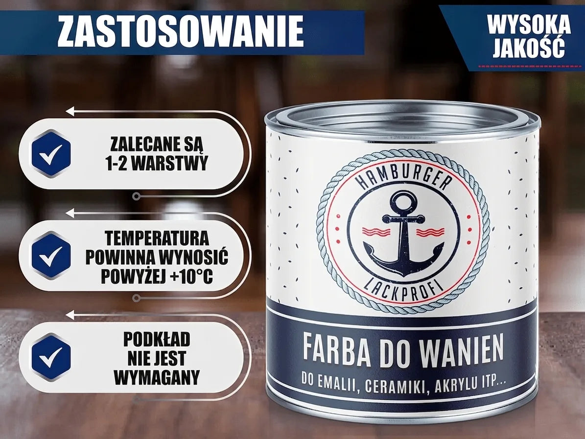 Puszka niemieckiej farby do wanien (emalia, ceramika, akryl) z instrukcjami użycia: 1-2 warstwy, temp. min +10°C, bez podkładu. Wysoka jakoś