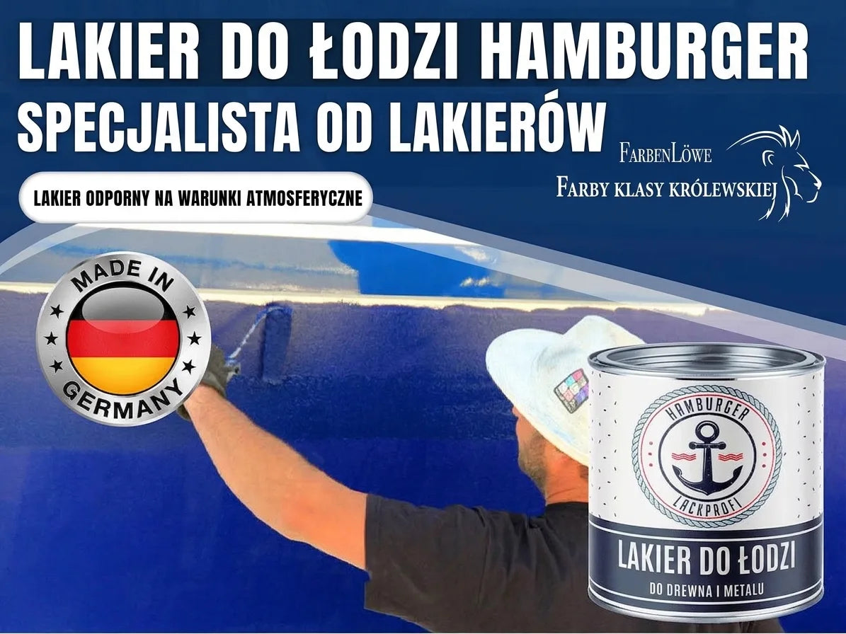 Farba do łodzi Hamburger Lack-Profi "Made in Germany", odporna na warunki pogodowe. Mężczyzna maluje łódź.