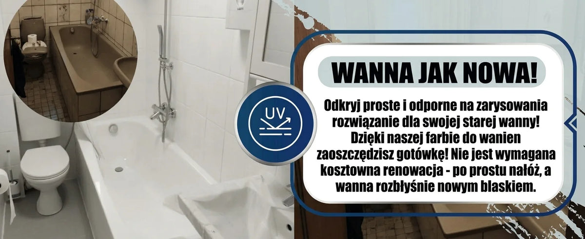 Zdjęcie przed/po: stara brązowa wanna vs. odnowiona biała wanna z farbą UV. Reklama farby do wanien: 'WANNA JAK NOWA!', proste i trwałe rozw