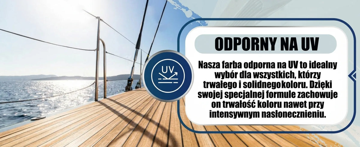 Pokład drewnianej łodzi, morze. Reklama lakieru jachtowego UV-odpornego, tekst o trwałości koloru.