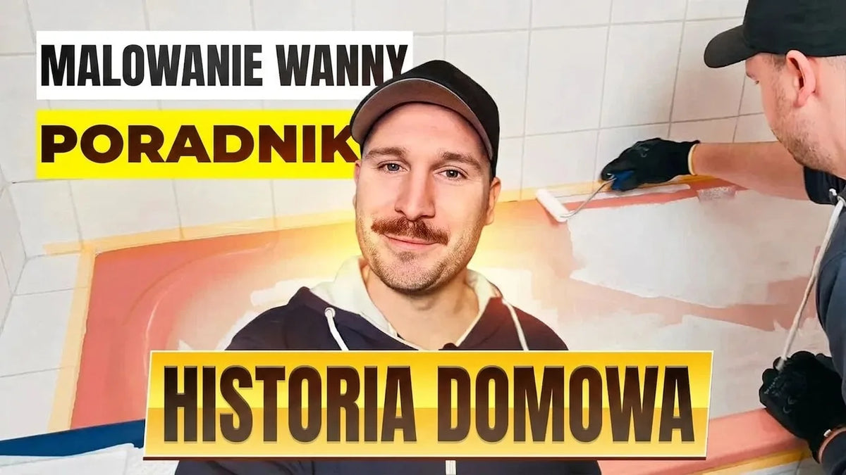 Mężczyzna malujący wannę na biało. Nagłówki: Malowanie Wanny, Historia Domu.
