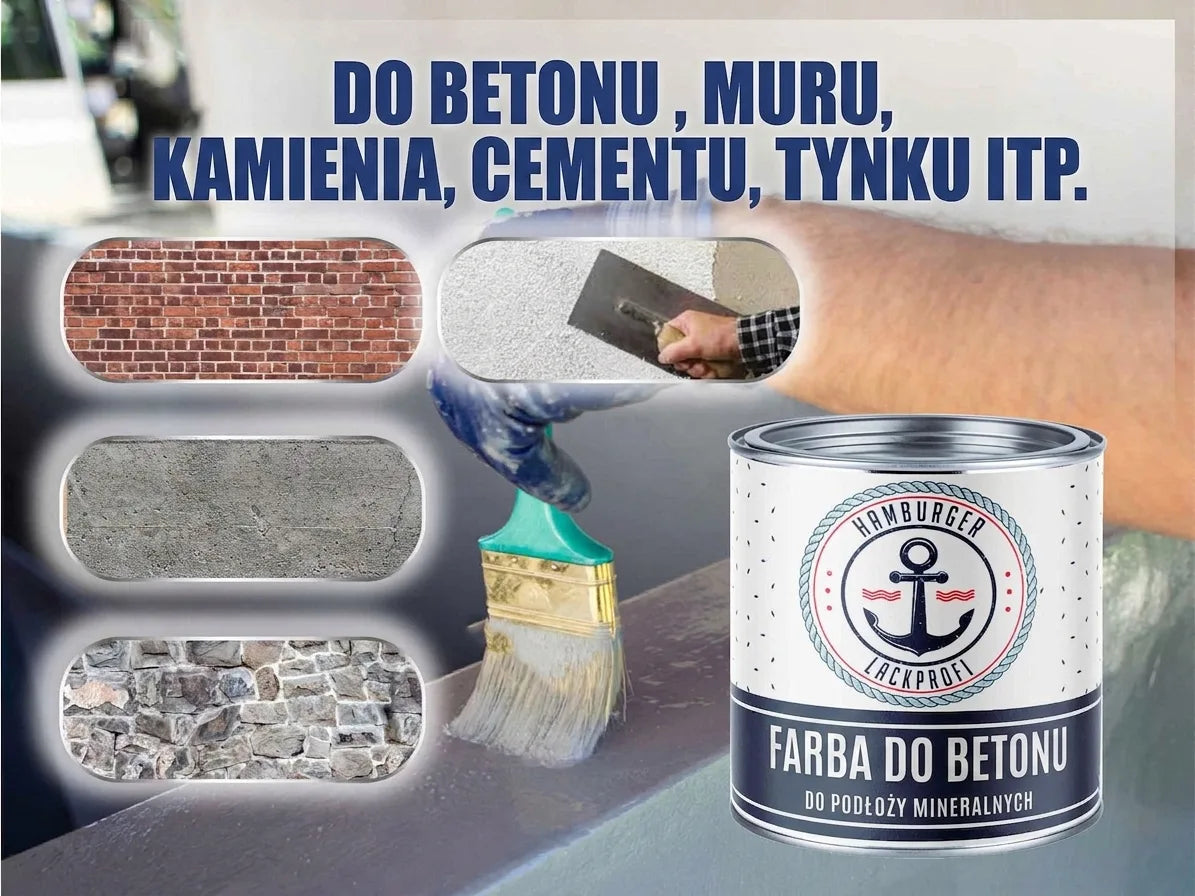 Farba do betonu Hamburger Lackprofi do betonu, muru, kamienia, cementu i tynku. Pokaz zastosowań na różnych powierzchniach.