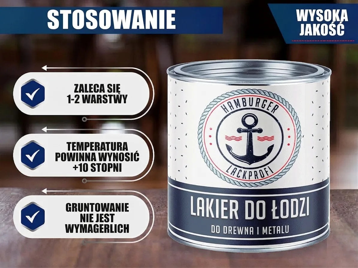 Puszka lakieru jachtowego Hamburger Lackprofi do drewna i metalu, z instrukcjami użycia. Wysoka jakość.