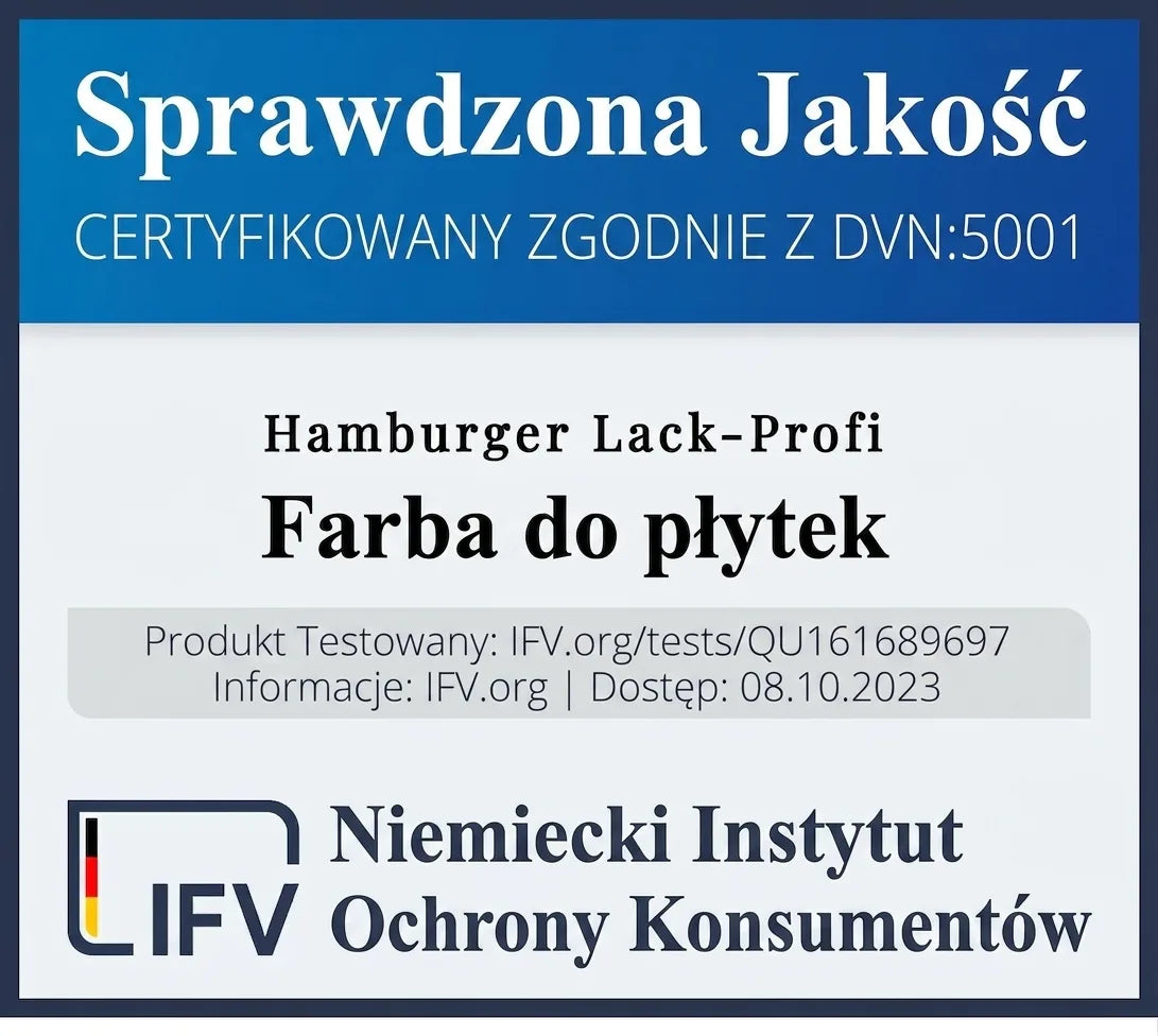 Niemiecki certyfikat jakości dla farby do płytek Hamburger Lack-Profi, szczegóły testu IFV.
