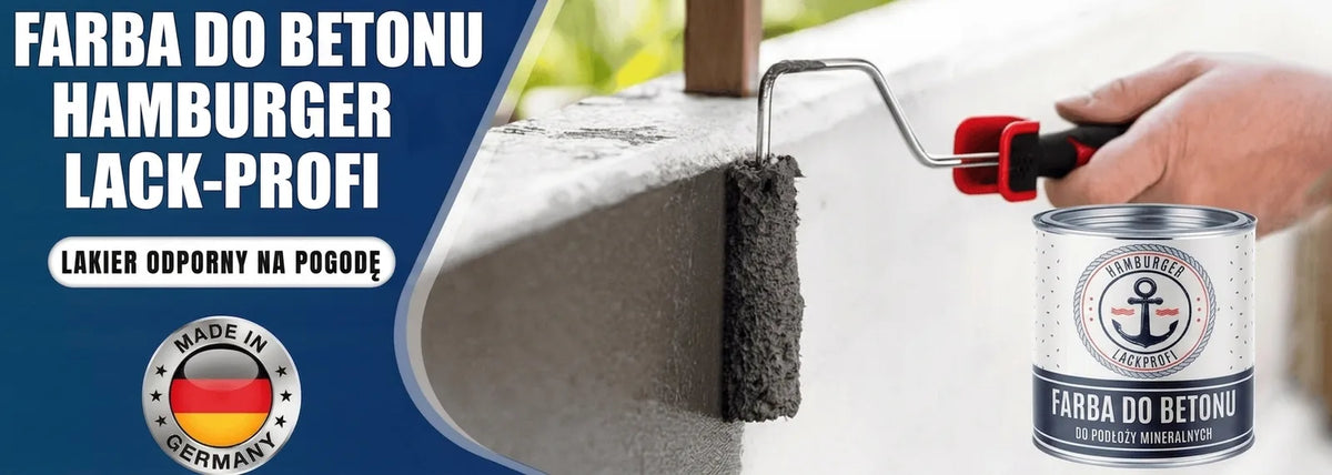 Człowiek malujący betonową powierzchnię wałkiem, obok puszka farby betonowej "Hamburger Lack-Profi" (Wetterfester Lack, Made in Germany).