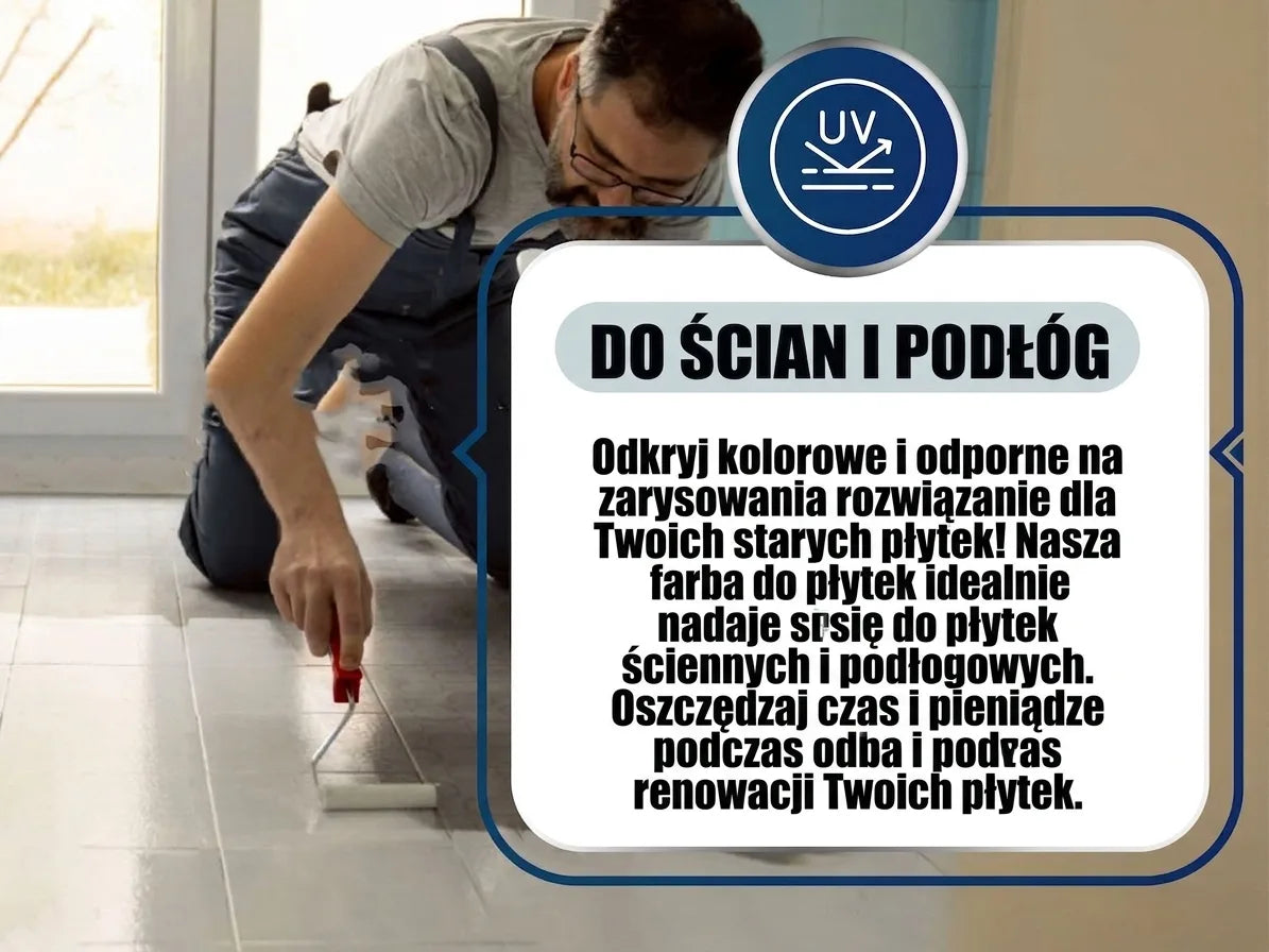 Mężczyzna maluje płytki podłogowe. Reklama farby do płytek na ścianę i podłogę, odpornej na UV i zarysowania.