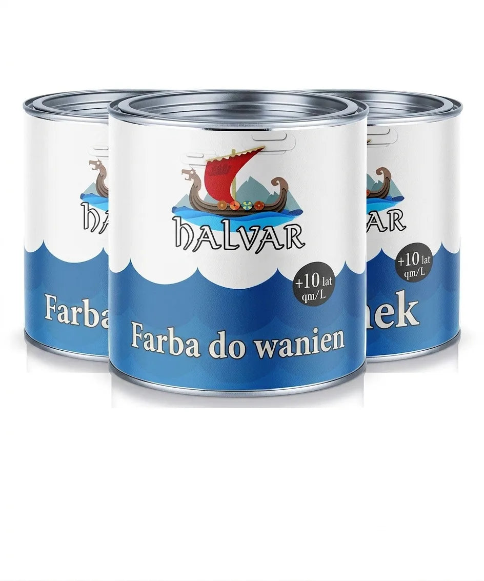 Trzy białe puszki farby HALVAR, na froncie farba do wanien (Badewannenlack) z logo statku Wikingów.