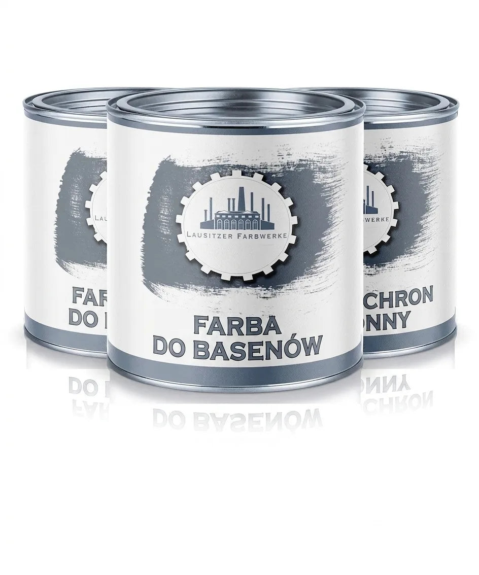 Trzy białe puszki farby z etykietami. Na środkowej puszce napis 'POOLFARBE' (farba do basenów) i logo fabryki.