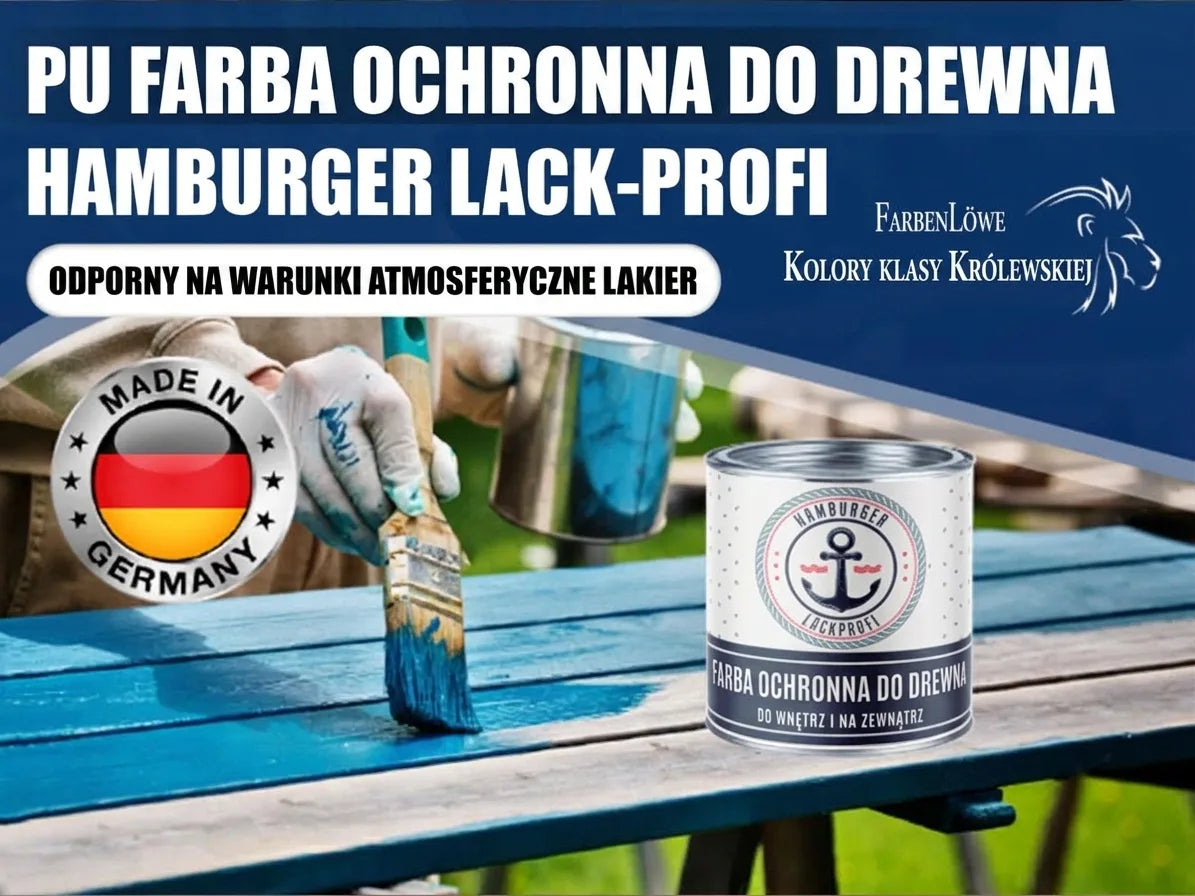 Puszka farby do drewna Hamburger Lack-Profi i osoba malująca stół. Odporna na warunki pogodowe, Made in Germany.