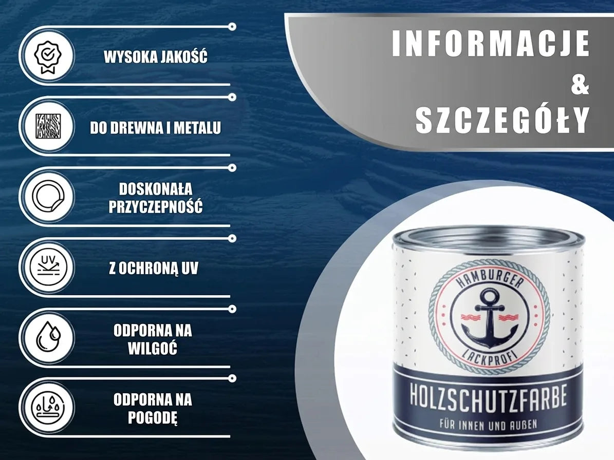 Puszka farby ochronnej do drewna z logo Hamburger Lackprofi i listą cech: do drewna i metalu, z ochroną UV, odporna na wilgoć i warunki atmo