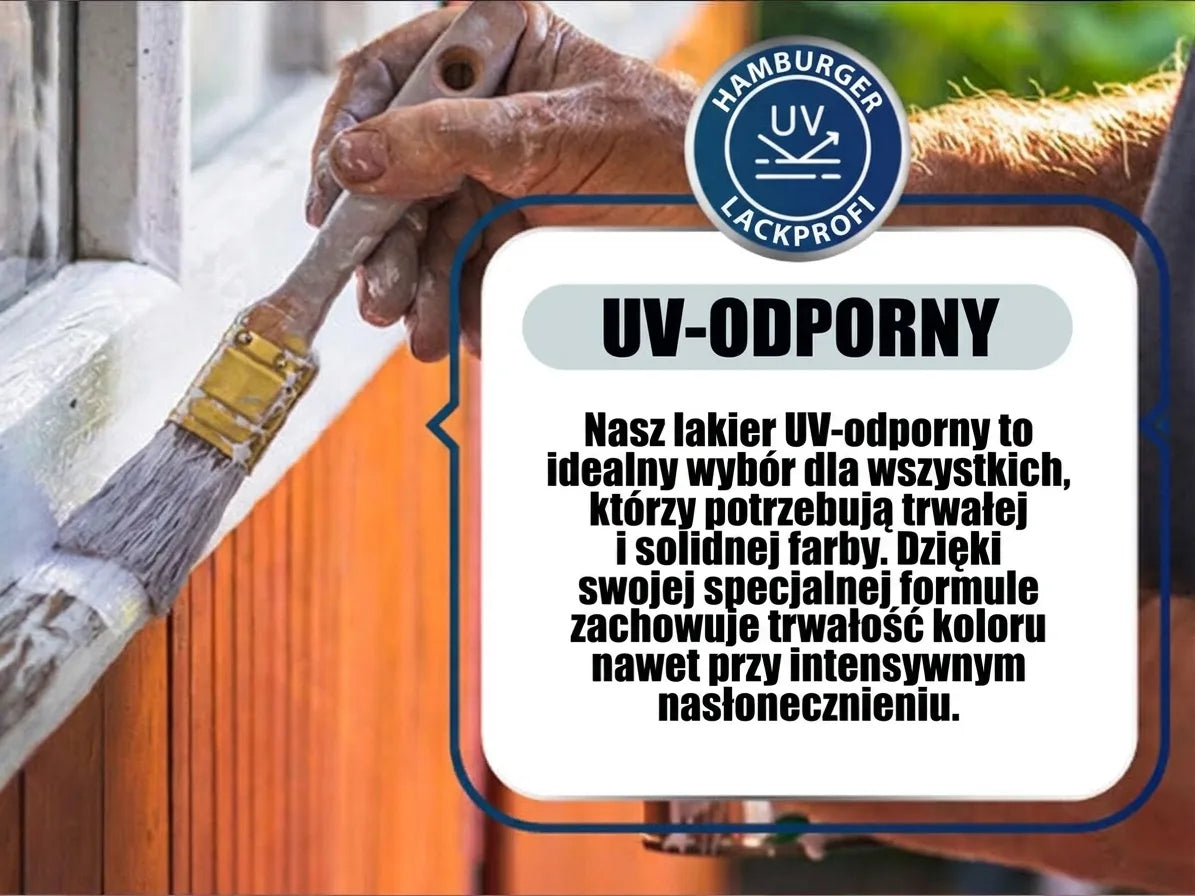 Mężczyzna maluje białą ramę okienną; grafika 'ODPORNY NA UV' promuje lakier zapewniający trwałość koloru mimo słońca.