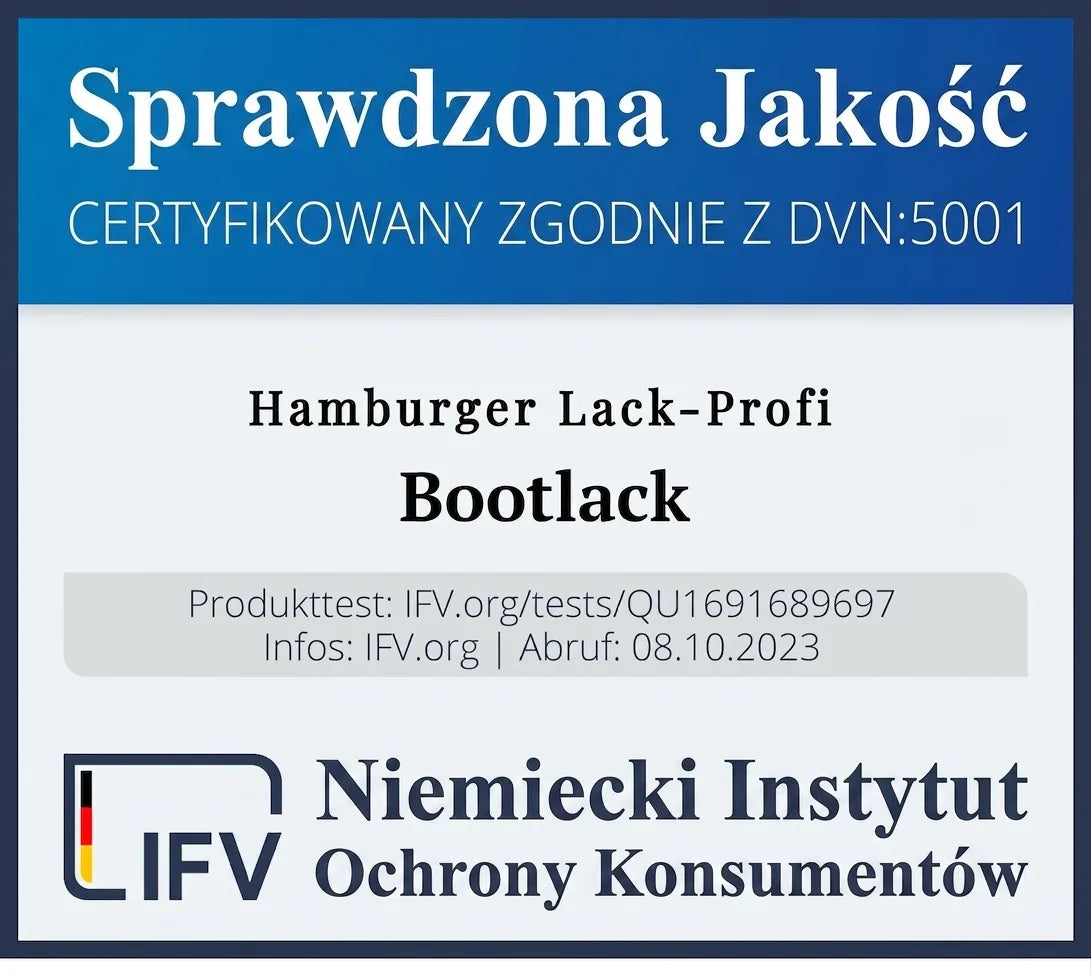 Etykieta certyfikatu Sprawdzona Jakość dla lakieru do łodzi Hamburger Lack-Profi od Niemieckiego Instytutu Ochrony Konsumentów.