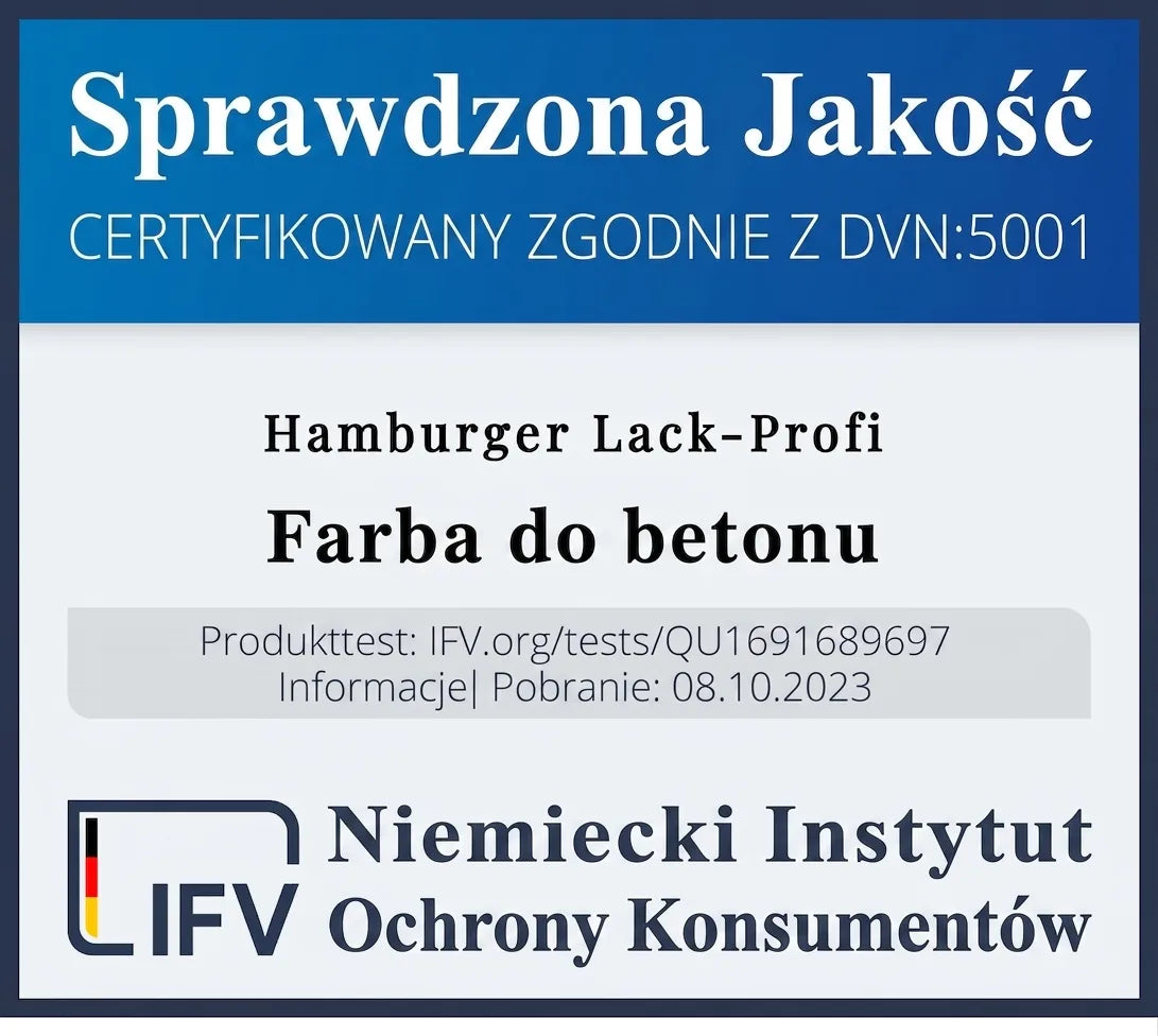 Certyfikat jakości dla farby do betonu Hamburger Lack-Profi. Wydany przez Niemiecki Instytut Ochrony Konsumenta.
