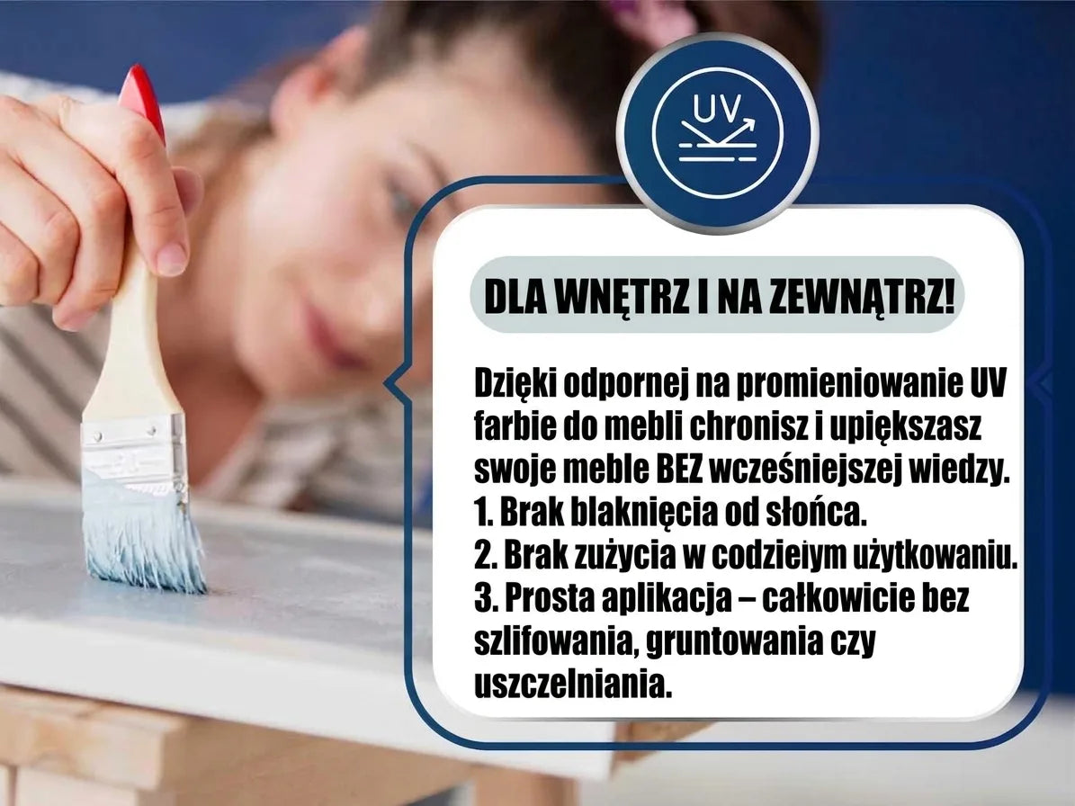 Kobieta maluje meble. Reklama farby UV-odpornej do mebli (wewnątrz/na zewnątrz): nie blaknie, nie zużywa się, łatwa aplikacja.